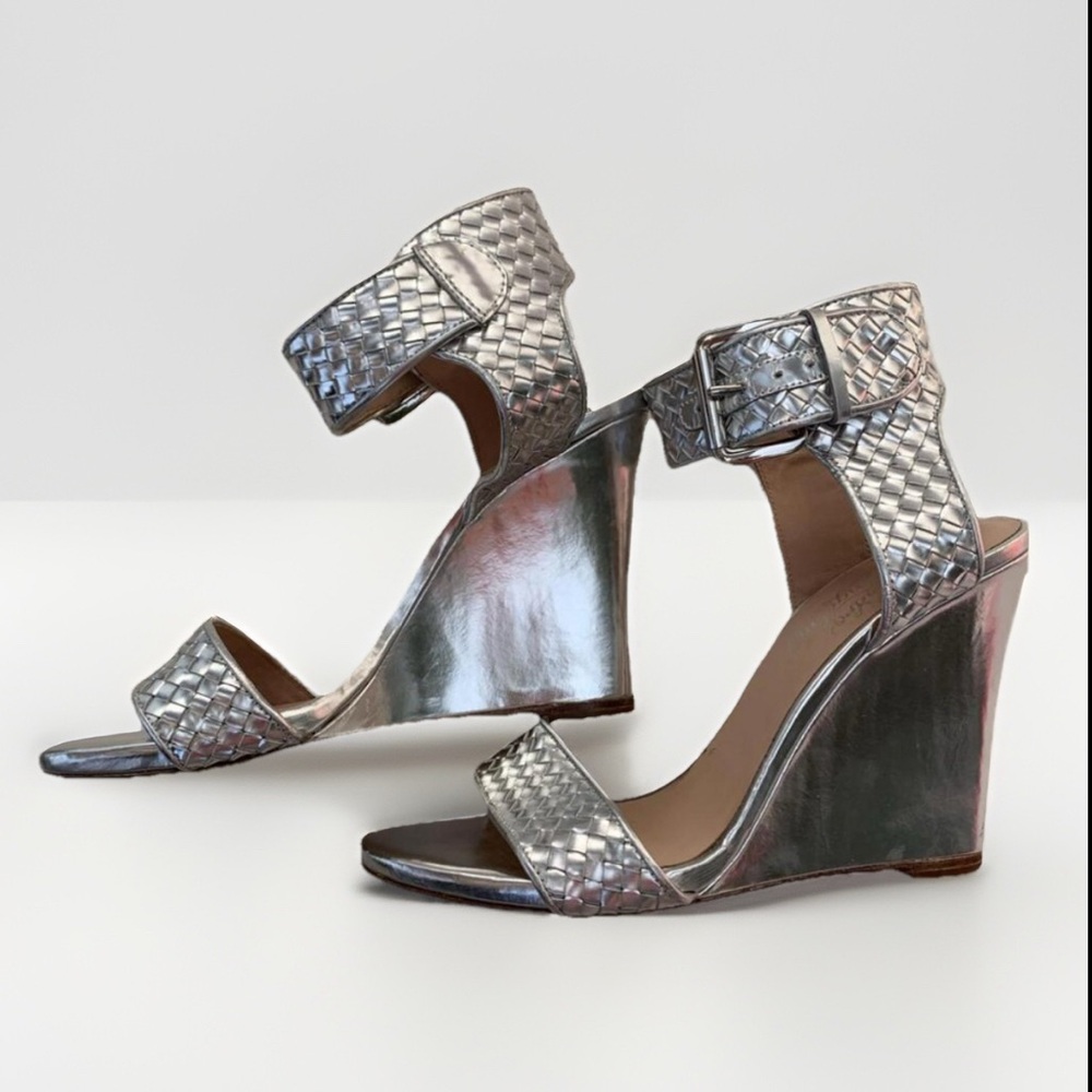 Alejandro Ingelmo Silver Wooven Wedge Sandals Genuine Leather Sz 7.5 Vero Cuoio